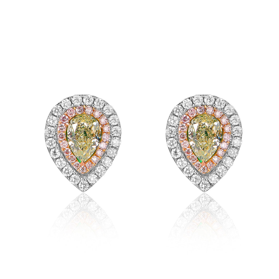 Halo Pink and Light Green Diamonds Stud Earrings - aviadiamonds